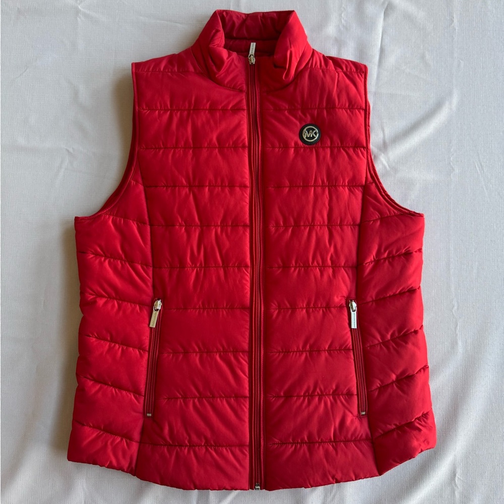 Michael Kors Puffer Vest Womens Size LARGE Full Zip Red Polyester